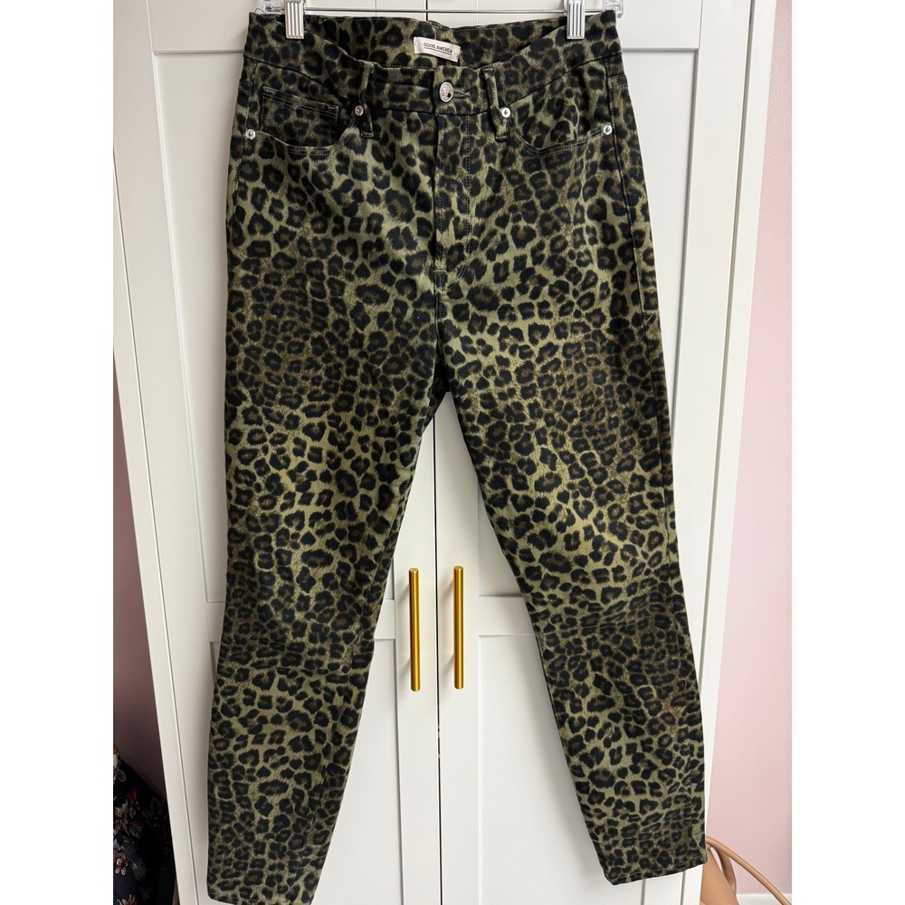 Good American Good Waist Crop Skinny Jeans Sage Leopard Green Animal Print, 10